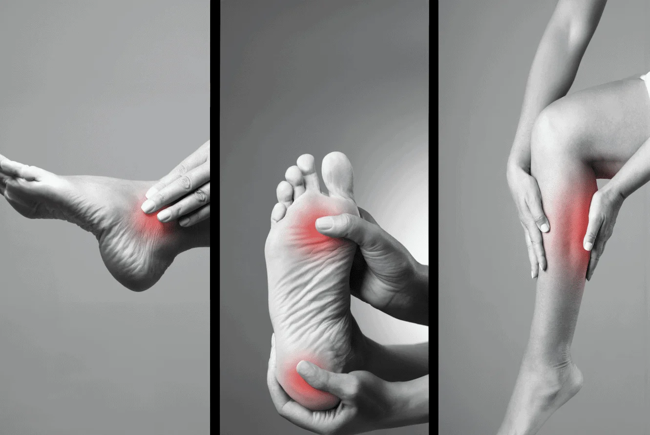 Close-up views of a heel, arch, and calf highlighted in red to show common sites of foot and ankle pain