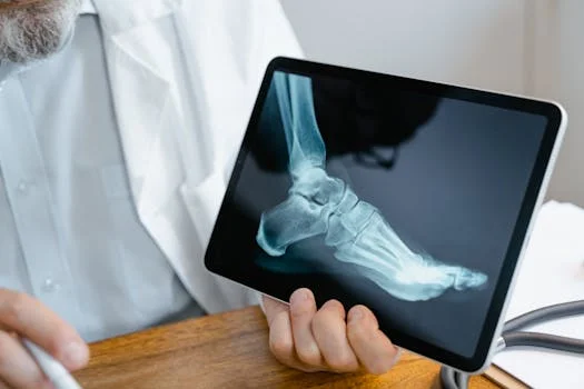 A clinician at PS Foot and Ankle holds a tablet displaying a foot x-ray, illustrating when to see a podiatrist for heel pain due to swelling.