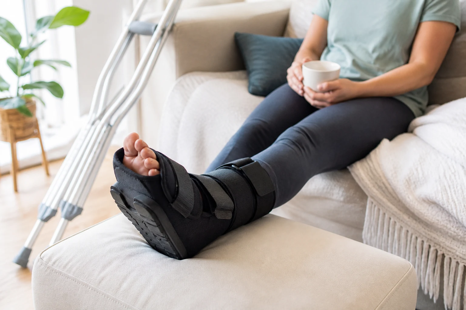 Adult patient resting at home with one foot elevated in a protective postoperative walking boot