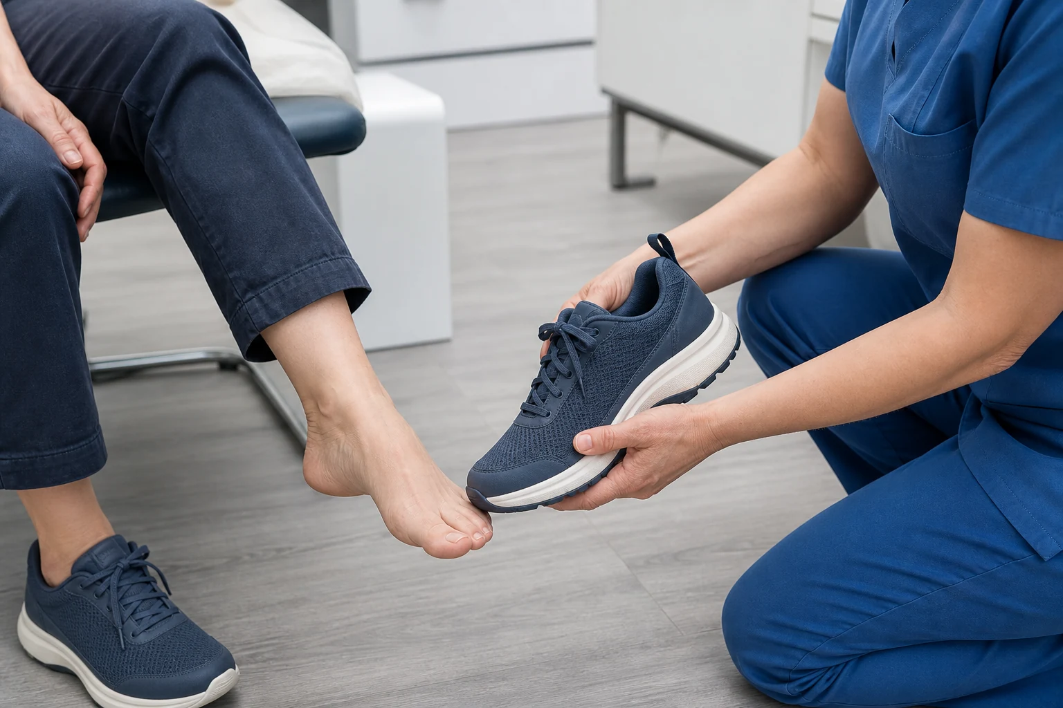 Podiatric clinician fitting an adult patient with a supportive athletic shoe during bunion surgery recovery
